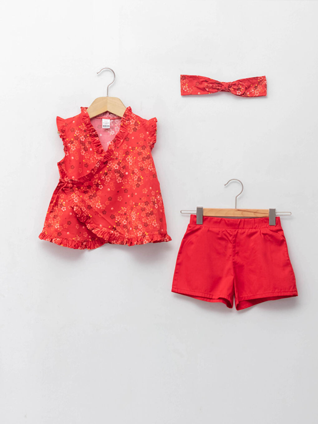V-Neck Patterned Cotton Baby Girl Blouse, Shorts and Headband 3 Piece Set