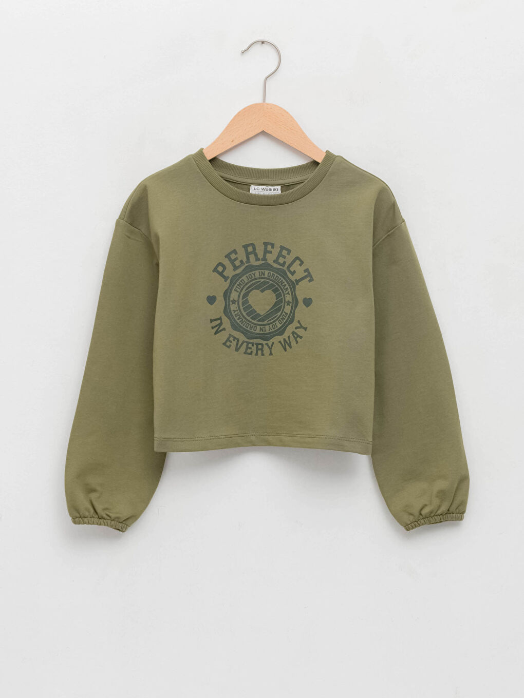 Haki Bisiklet Yaka Baskılı Uzun Kollu Kız Çocuk Sweatshirt