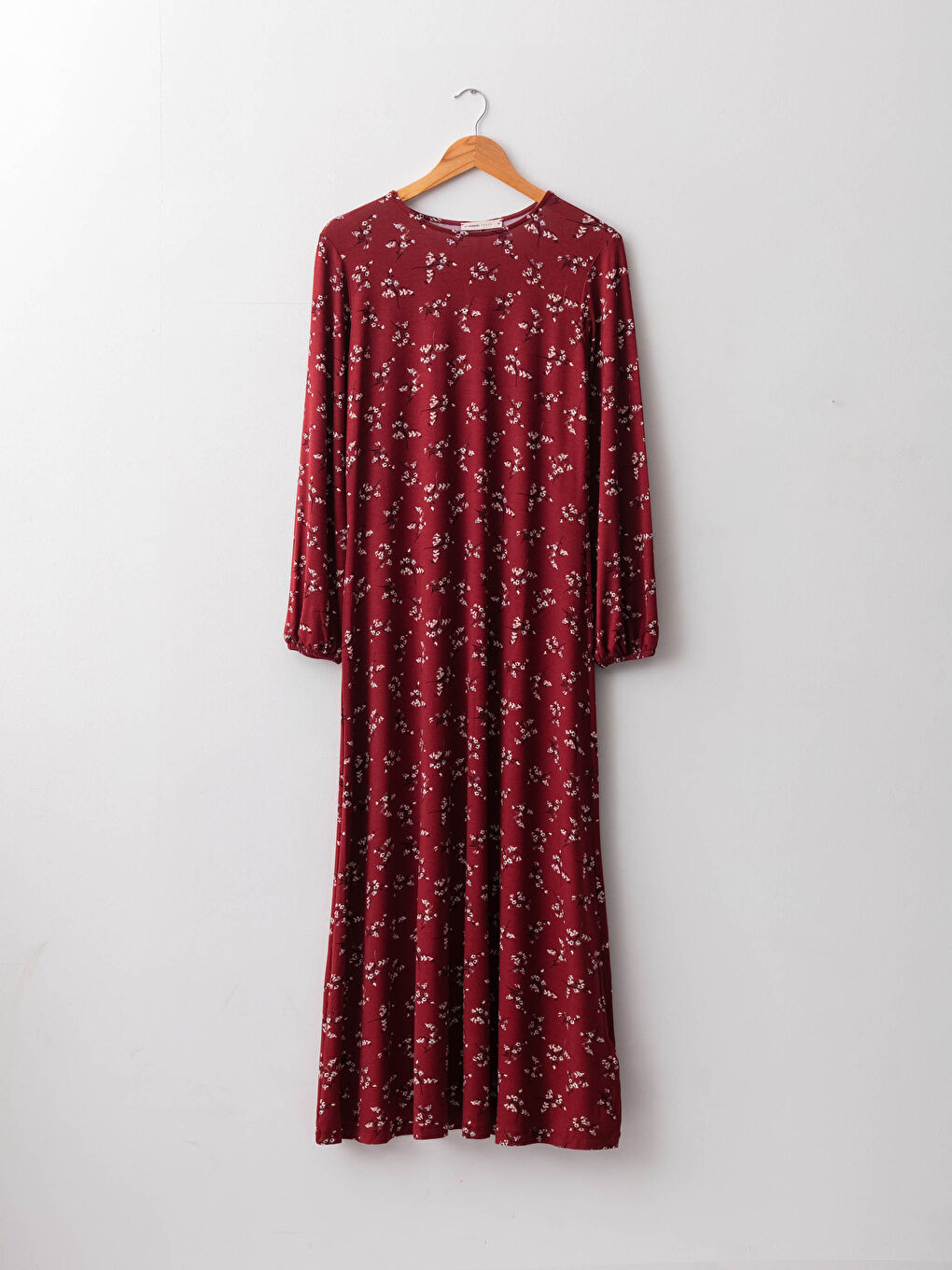 فستان نسائي برقبة دائرية زهري كم طويل بقصة A من الفسكوز-5