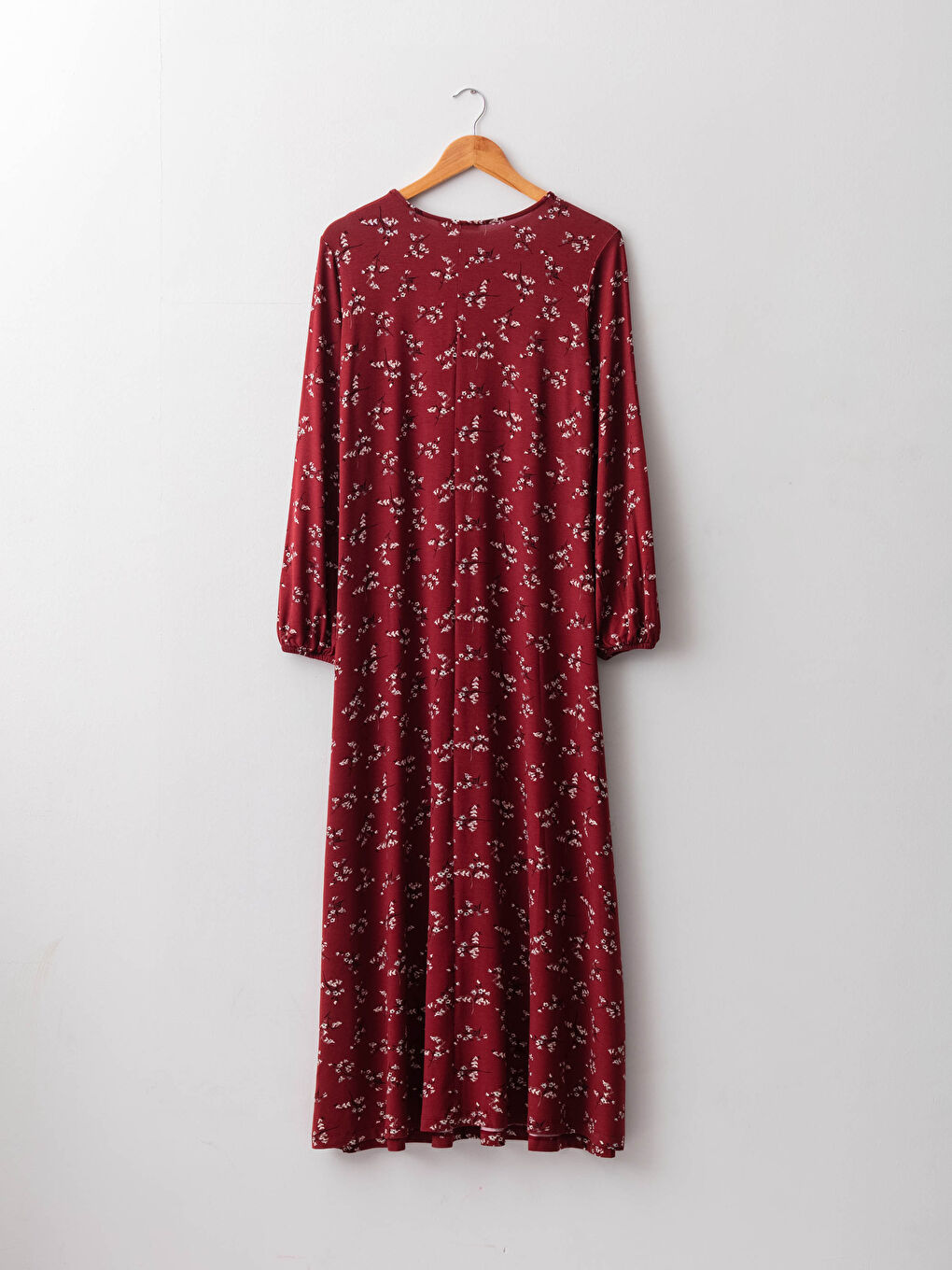 فستان نسائي برقبة دائرية زهري كم طويل بقصة A من الفسكوز-6