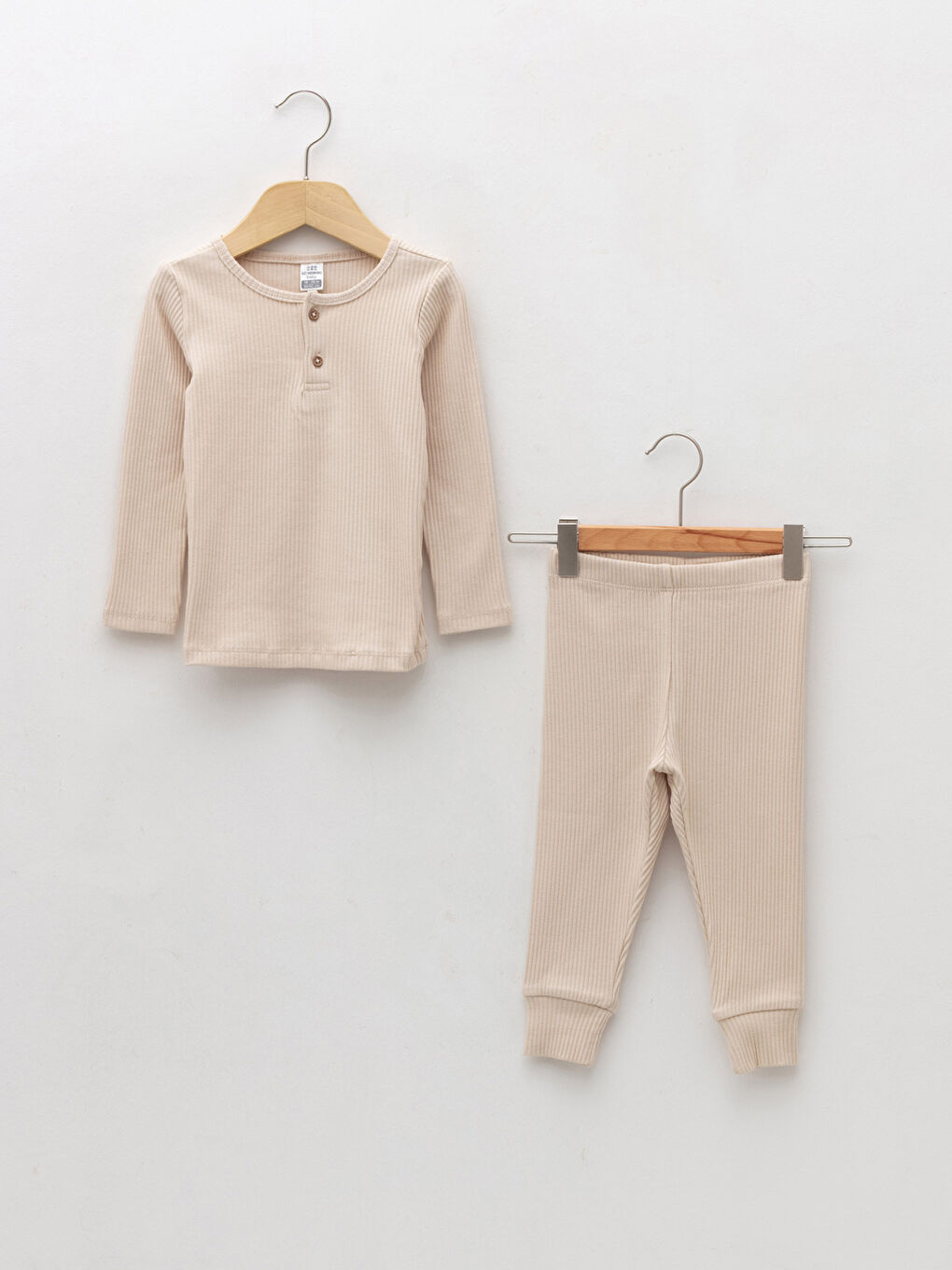 Bej Bisiklet Yaka Uzun Kol Basic Erkek Bebek Pijama Takımı