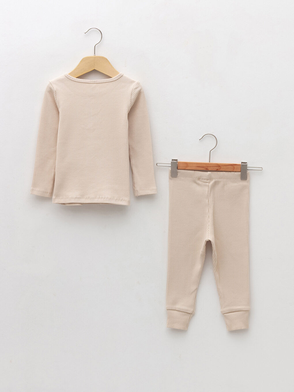 Bej Bisiklet Yaka Uzun Kol Basic Erkek Bebek Pijama Takımı-1