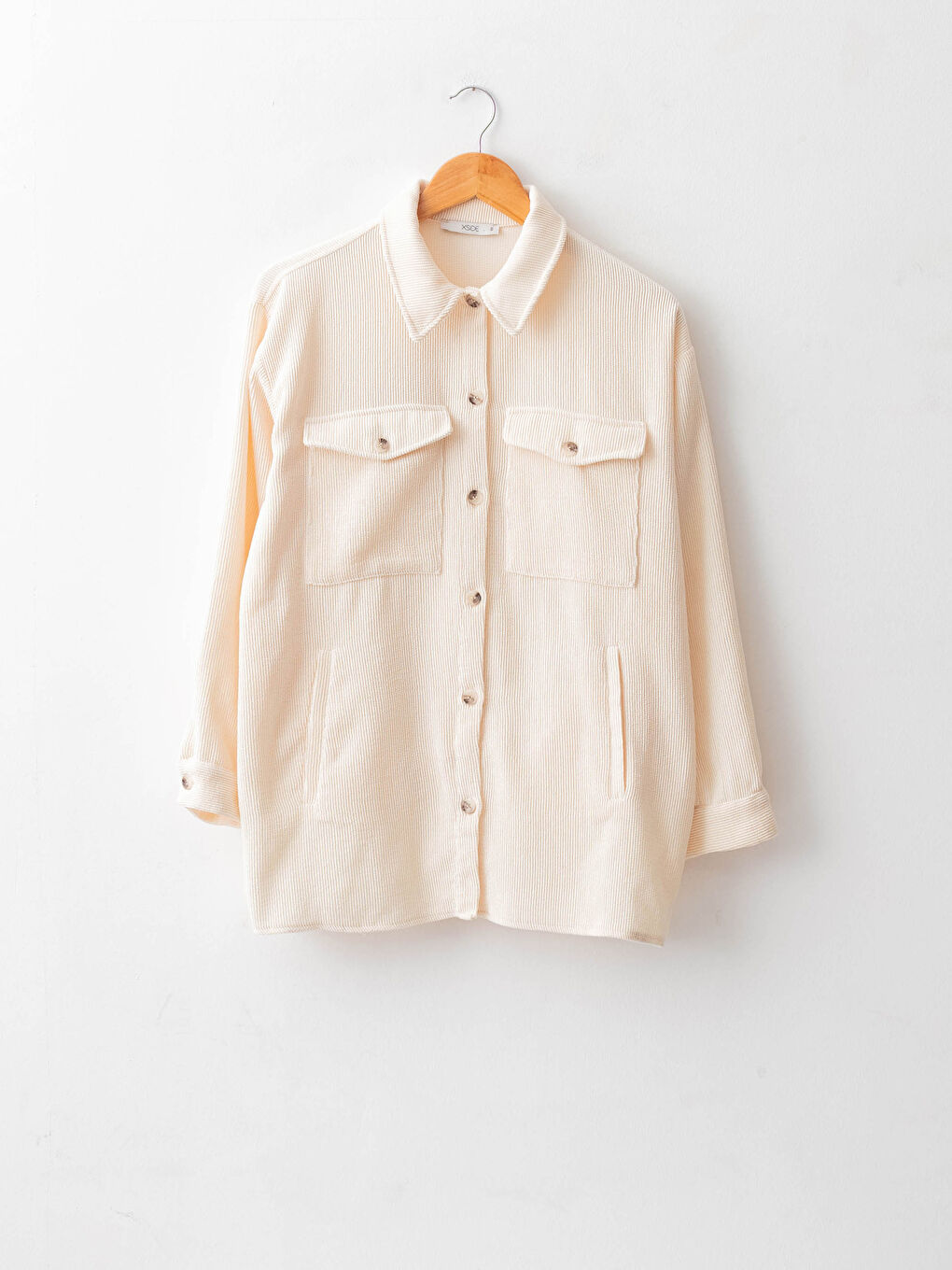 Ekru Önden Düğmeli Cep Detaylı Uzun Kollu Kadın Gömlek Ceket-5