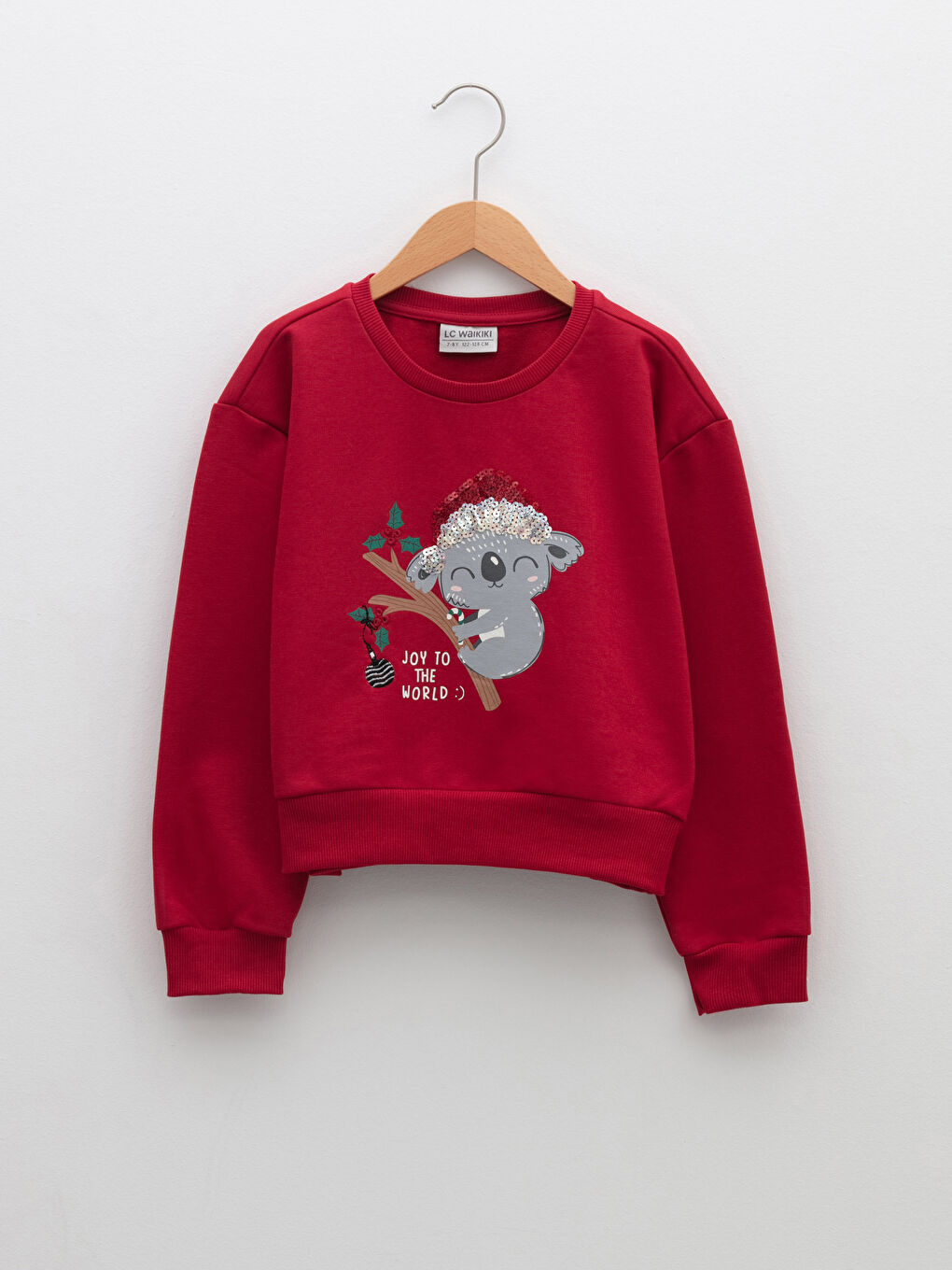 LCW Kids Kırmızı Bisiklet Yaka Yılbaşı Temalı Uzun Kollu Kız Çocuk Sweatshirt