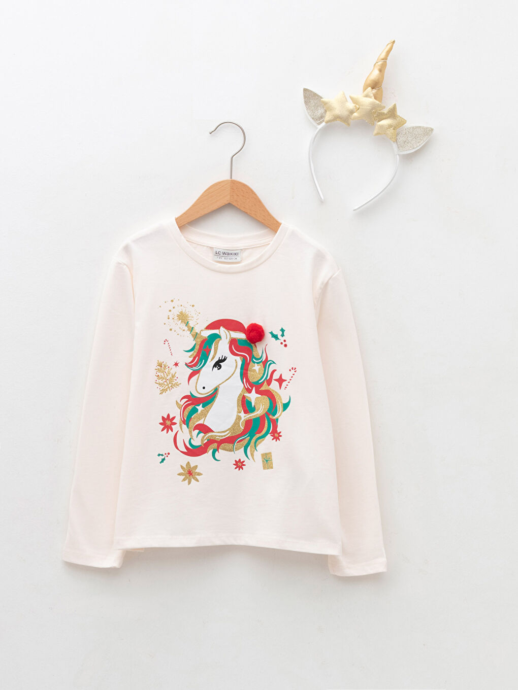 Crew Neck Christmas Themed Long Sleeve Girl's T-Shirt and Crown
