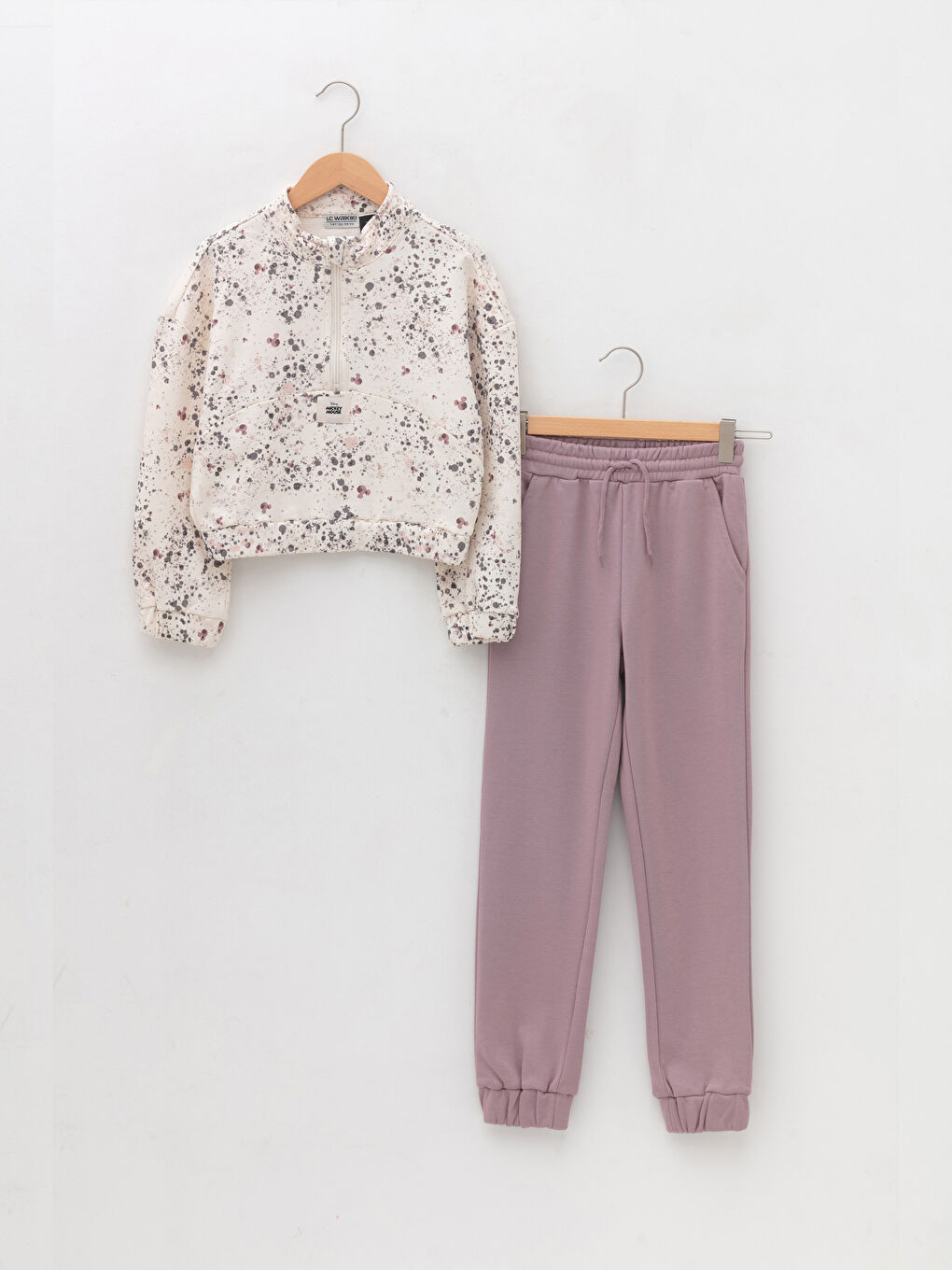 High Collar Mickey Mouse Printed Long Sleeve Girls' Sweatshirt and Tracksuit Bottoms