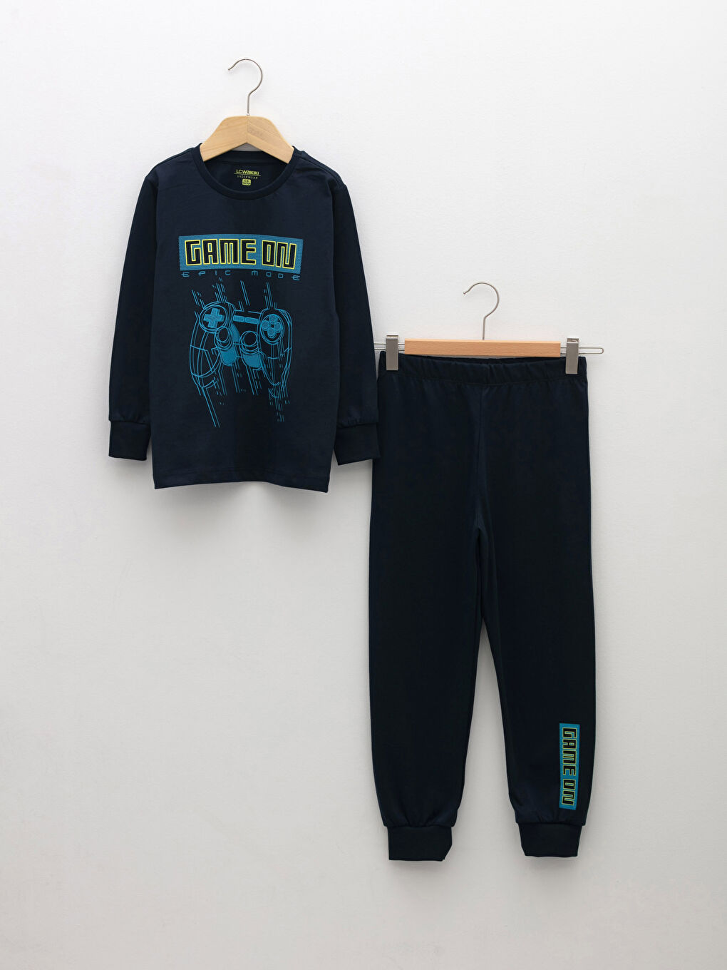 Lacivert Bisiklet Yaka Baskılı Uzun Kollu Erkek Çocuk Pijama Takımı