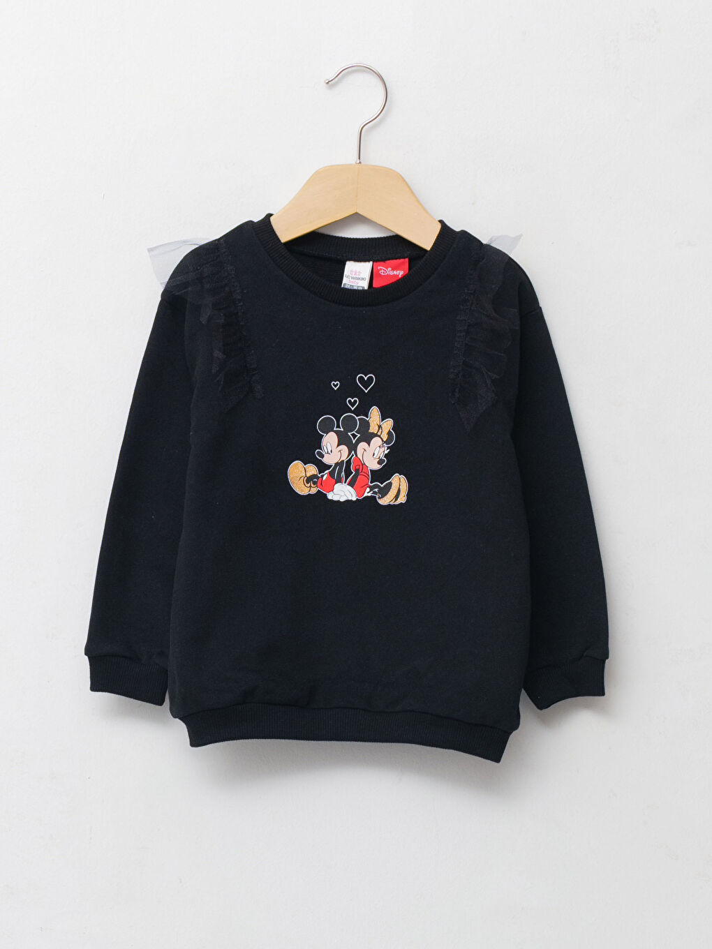 LCW baby Yeni Siyah Bisiklet Yaka Uzun Kol Minnie ve Mickey Mouse Baskılı Kız Bebek Sweatshirt