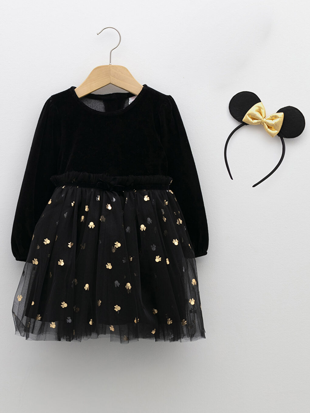 LCW baby Bisiklet Yaka Uzun Kollu Minnie Mouse Baskılı Kız Bebek Elbise ve Taç 2'li Takım -W1G645Z1-CVL