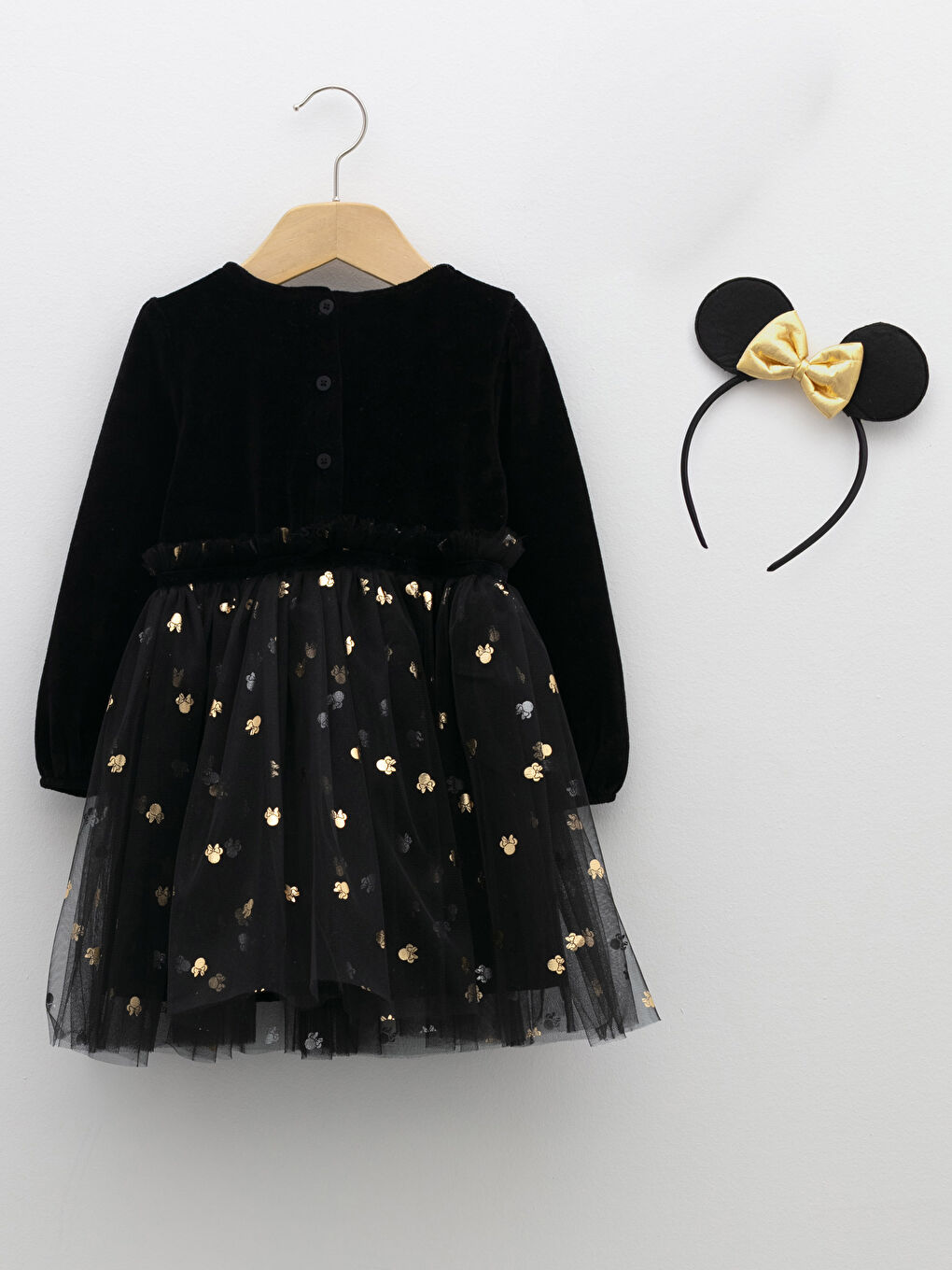 LCW baby Bisiklet Yaka Uzun Kollu Minnie Mouse Baskılı Kız Bebek Elbise ve Taç 2'li Takım -W1G645Z1-CVL