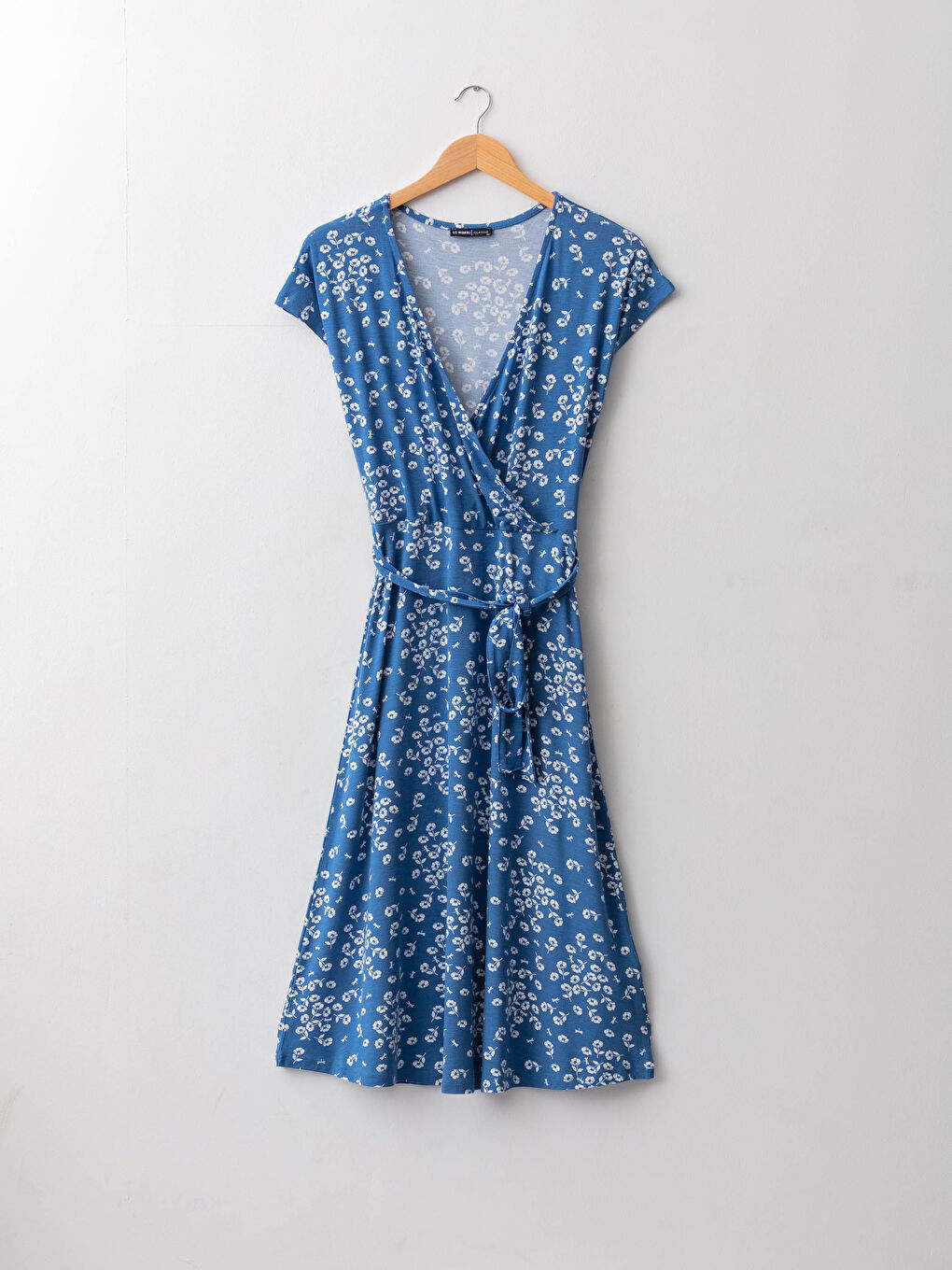 Mavi Kruvaze Yaka Çiçekli Kısa Kollu Kadın Elbise-5