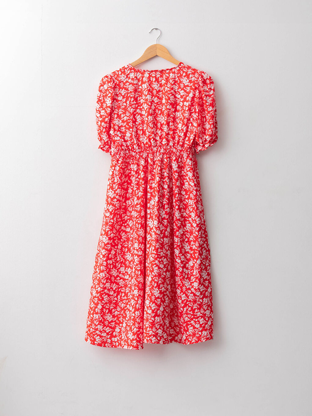 Kırmızı V Yaka Çiçekli Balon Kollu Kadın Elbise-7