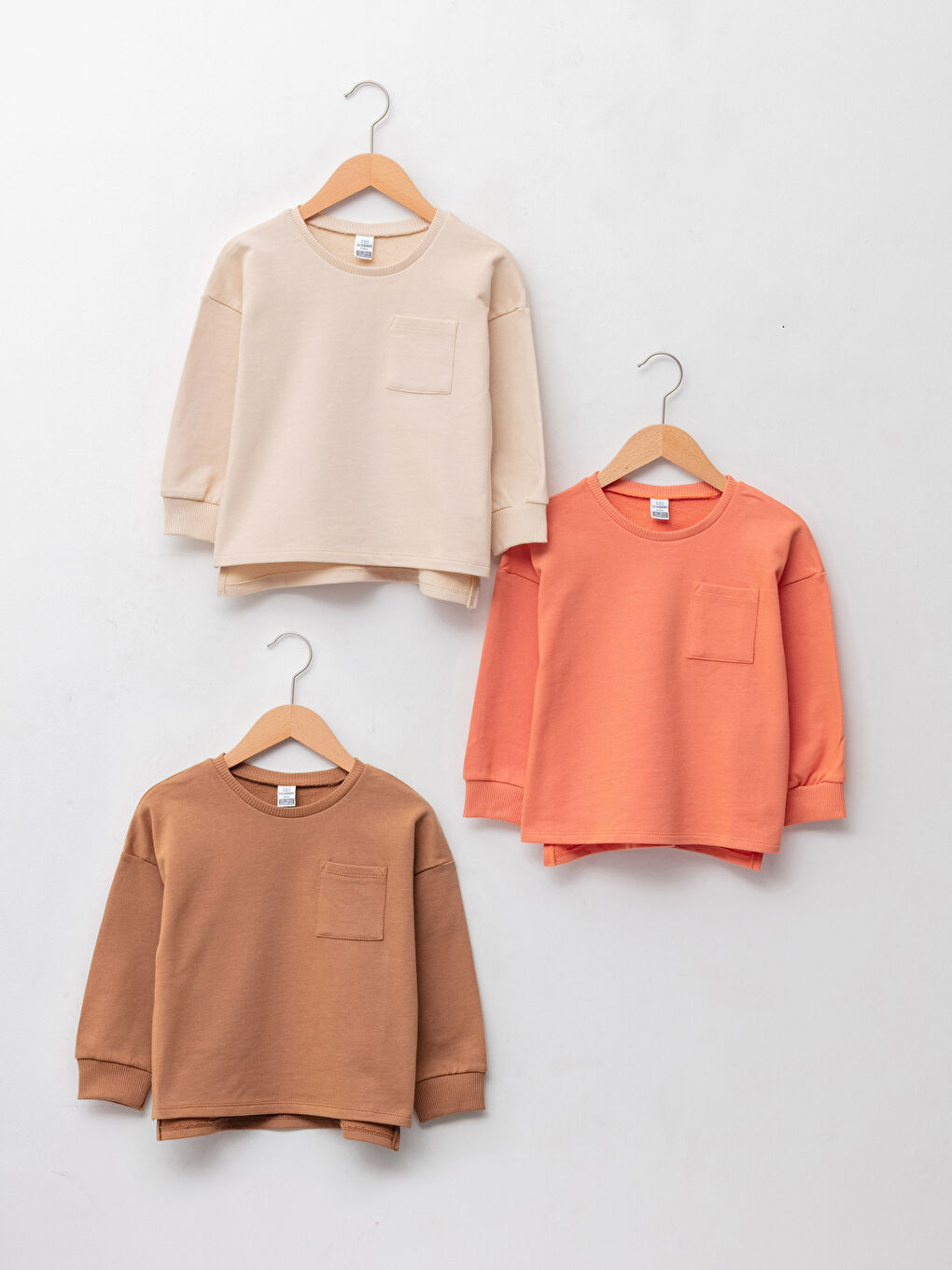 Bej Bisiklet Yaka Uzun Kollu Basic Erkek Bebek Sweatshirt 3'lü