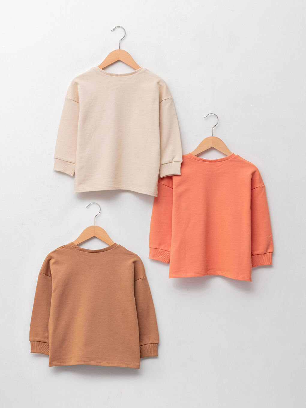 Bej Bisiklet Yaka Uzun Kollu Basic Erkek Bebek Sweatshirt 3'lü-1