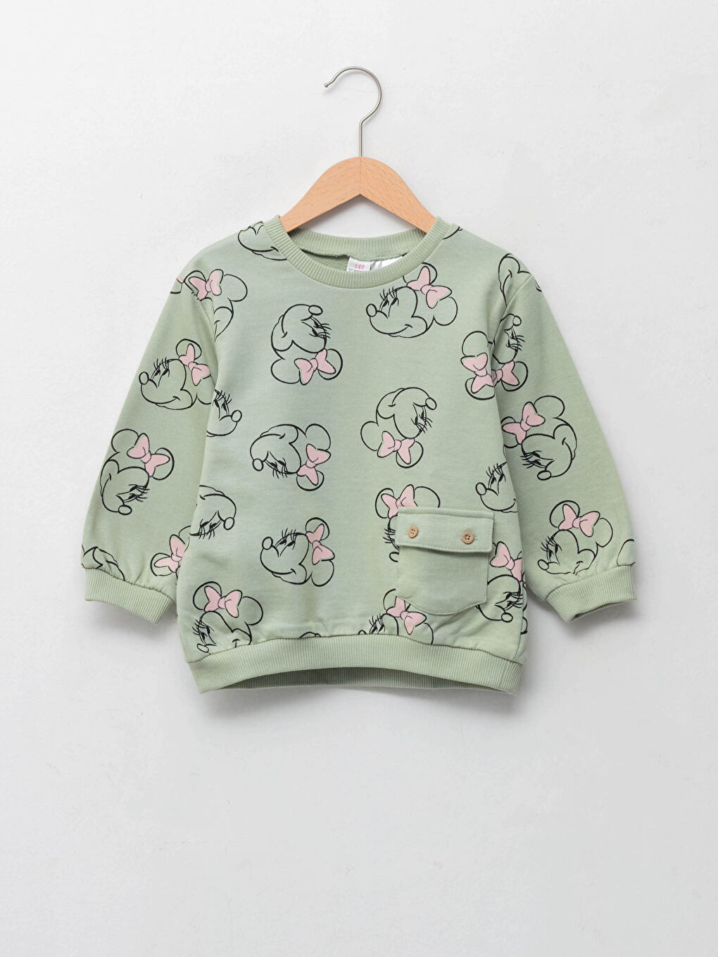 Yeşil Bisiklet Yaka Uzun Kollu Minnie Mouse Baskılı Kız Bebek Sweatshirt