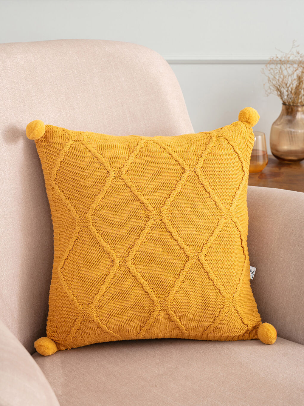 Housse de Coussin en Tricot à Pompons 45x45 Cm