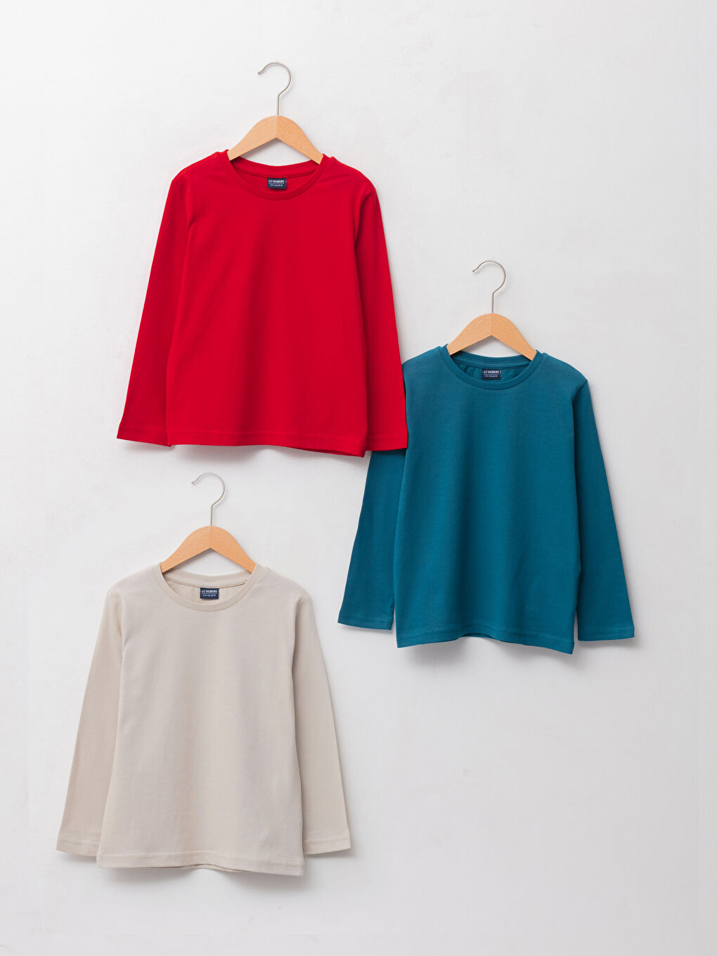 Crew Neck Basic Long Sleeve Cotton Boy T-Shirt 3-Pack