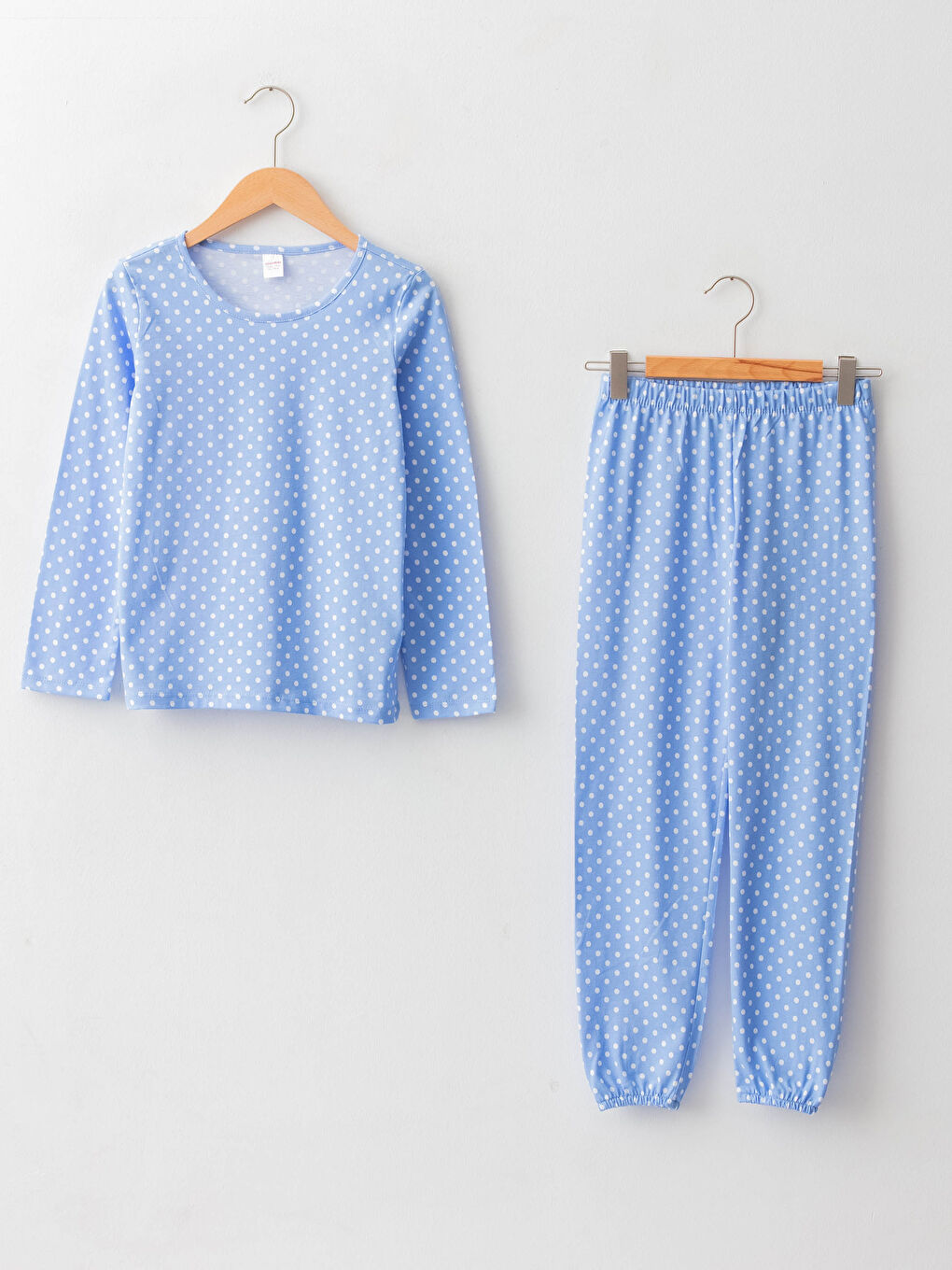 Crew Neck Polka Dot Long Sleeve Girls Pajamas Set