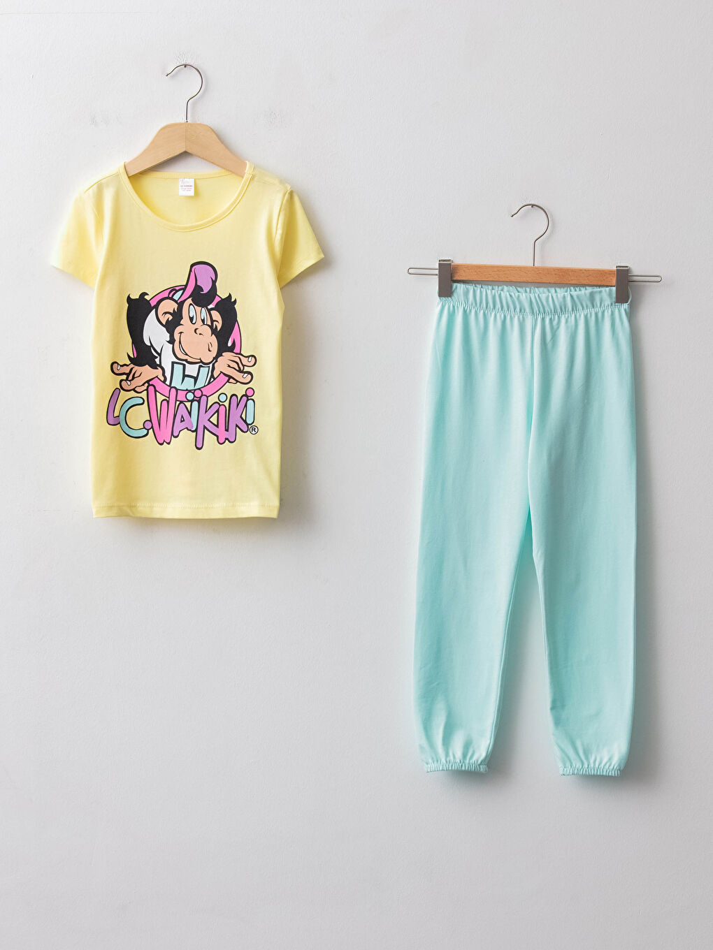 Sarı Bisiklet Yaka Nostaljik Maymun Baskılı Kısa Kollu Çocuk Pijama Takımı