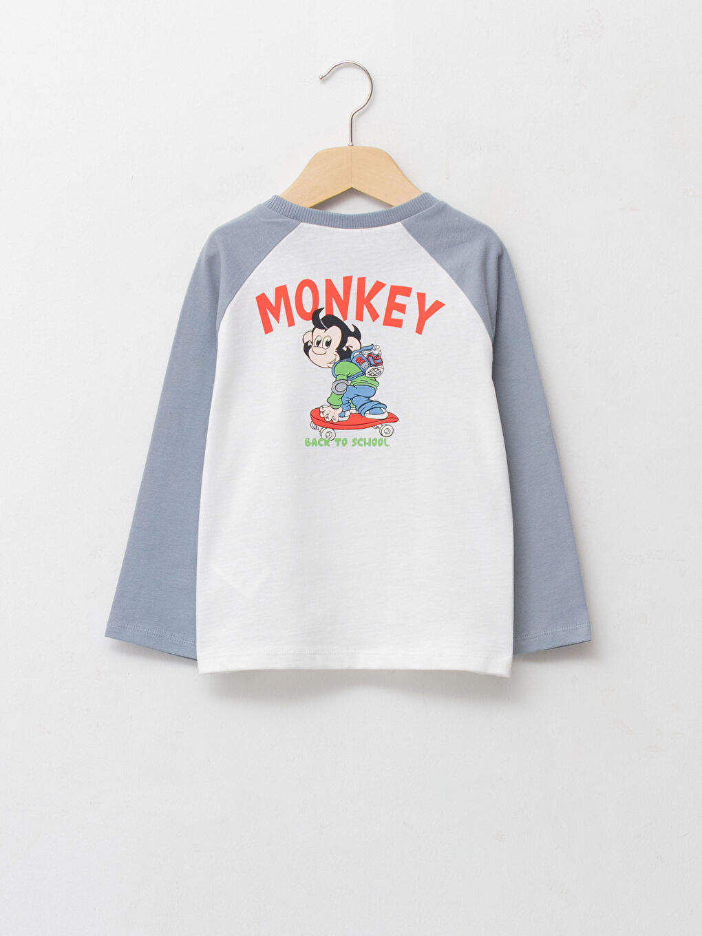 Ekru Bisiklet Yaka Uzun Kollu Nostaljik Maymun Baskılı Erkek Bebek Tişört-1