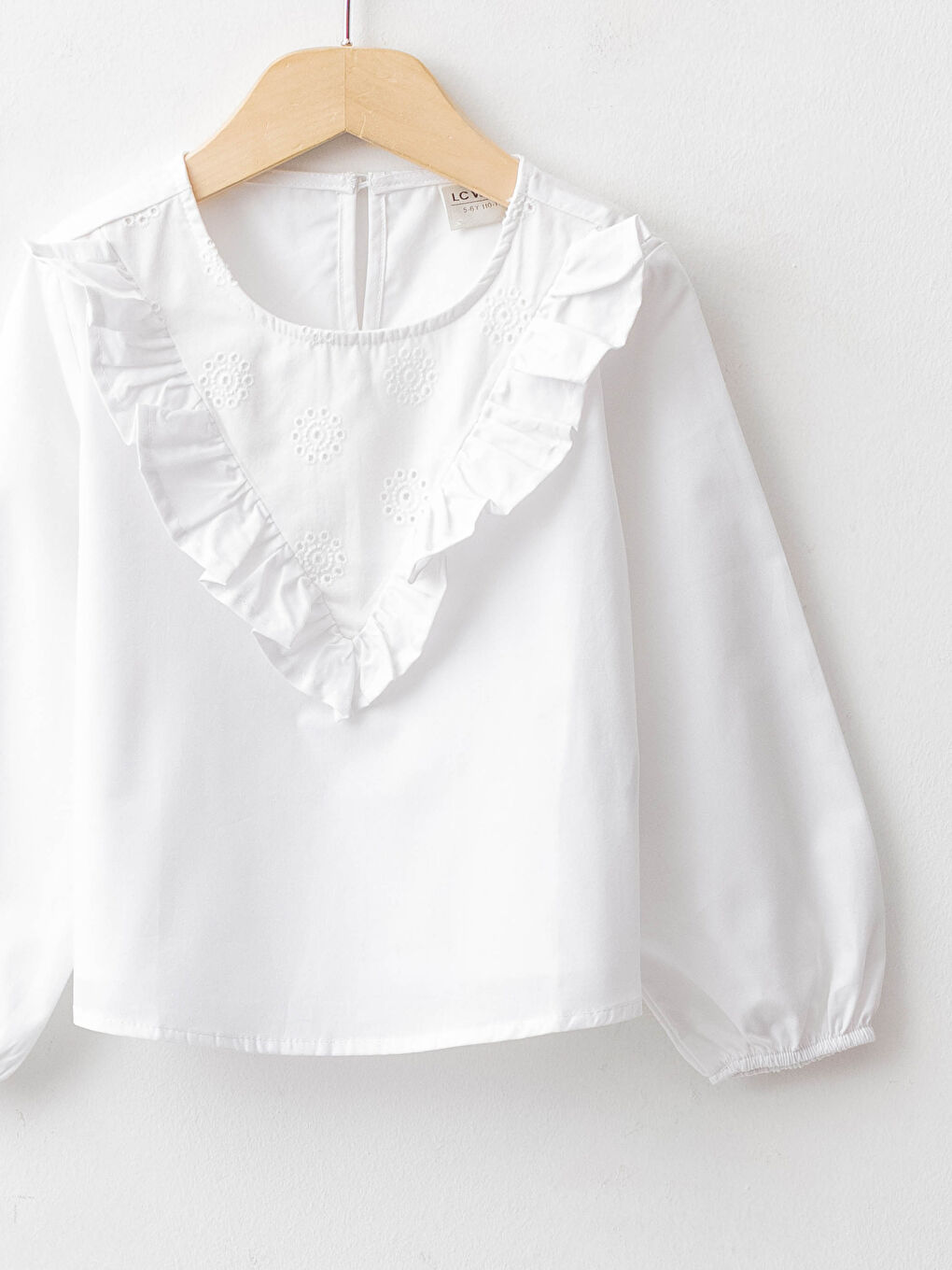 Crew Neck Ruffle Detail Long Sleeve Poplin Girl Blouse-2