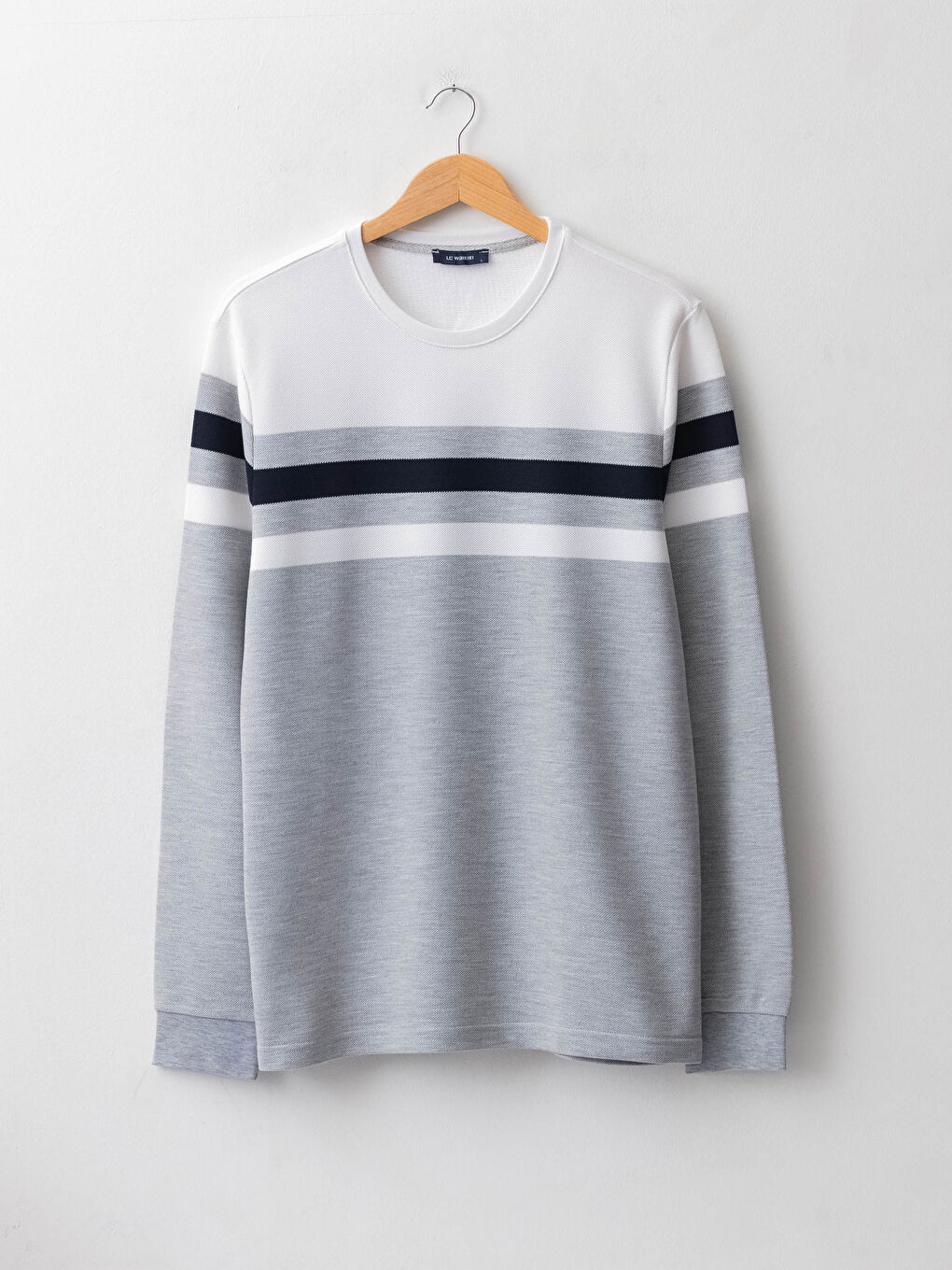 Gri Bisiklet Yaka Uzun Kollu Çizgili Erkek Sweatshirt-6