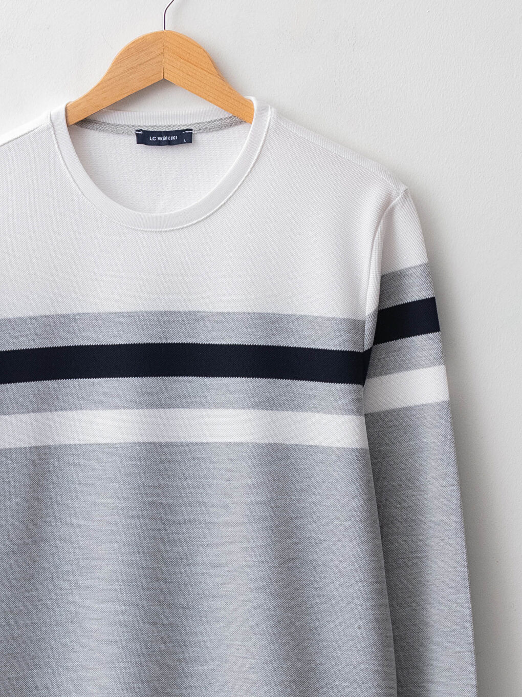 Gri Bisiklet Yaka Uzun Kollu Çizgili Erkek Sweatshirt-8