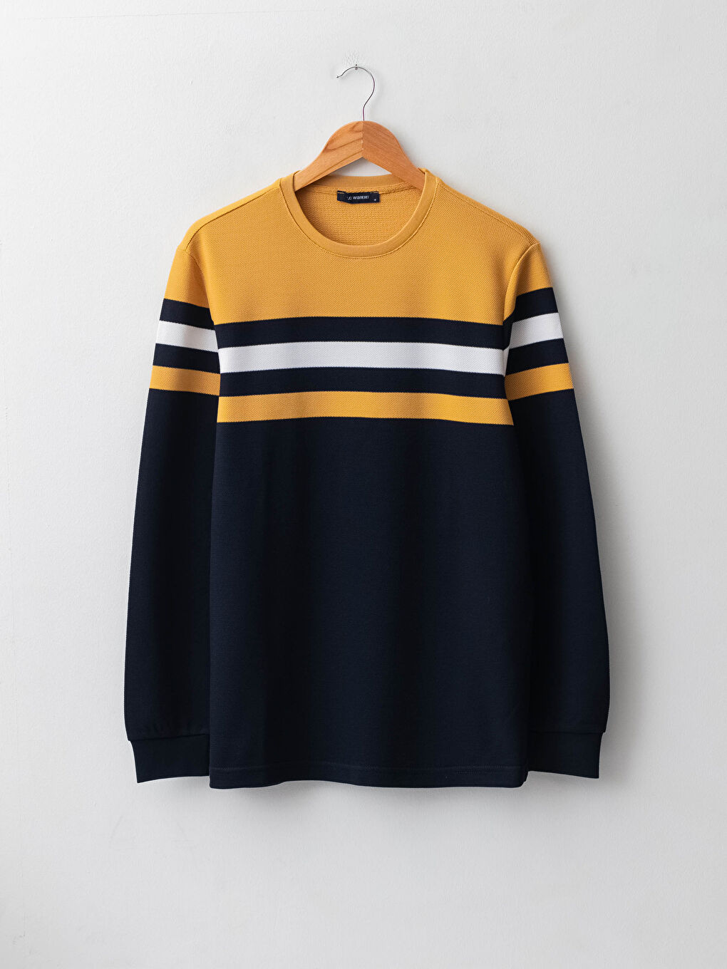 Sarı Bisiklet Yaka Uzun Kollu Çizgili Erkek Sweatshirt-4