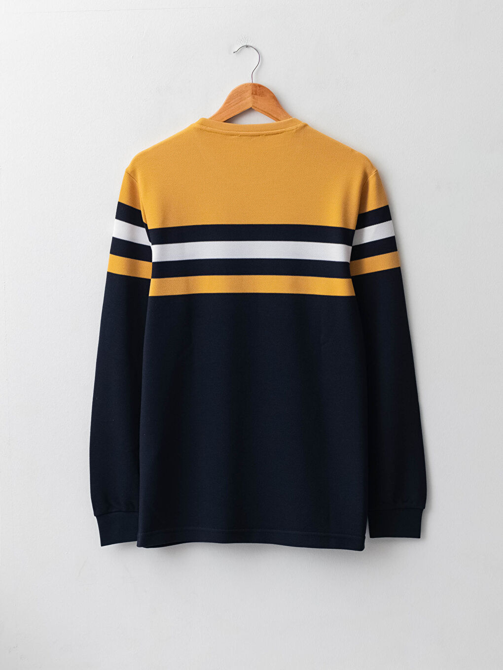 Sarı Bisiklet Yaka Uzun Kollu Çizgili Erkek Sweatshirt-5