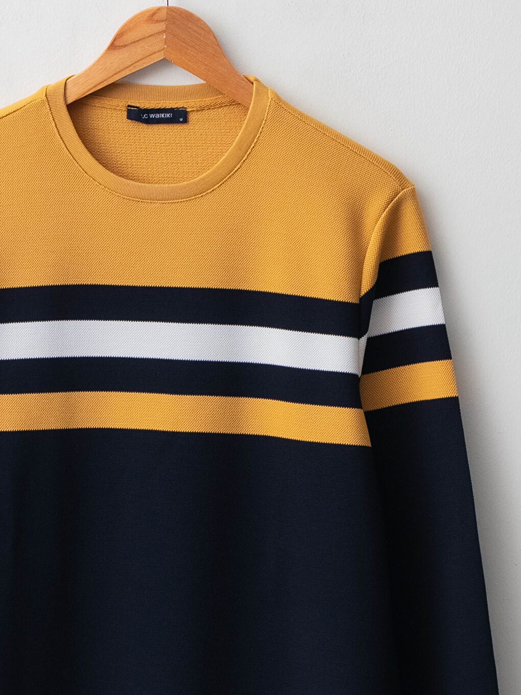 Sarı Bisiklet Yaka Uzun Kollu Çizgili Erkek Sweatshirt-6