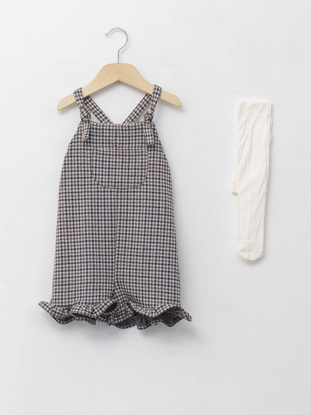 Square Collar Hanging Plaid Patterned Baby Girl Jumpsuit and Pantyhose 2-Pack Set -W1HC24Z1-MJD