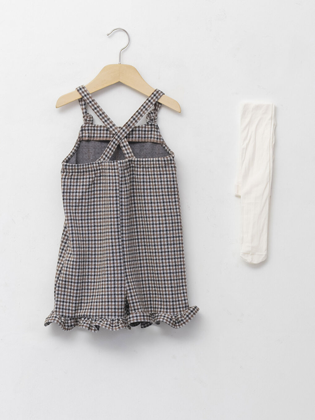 Square Collar Hanging Plaid Patterned Baby Girl Jumpsuit and Pantyhose 2-Pack Set -W1HC24Z1-MJD