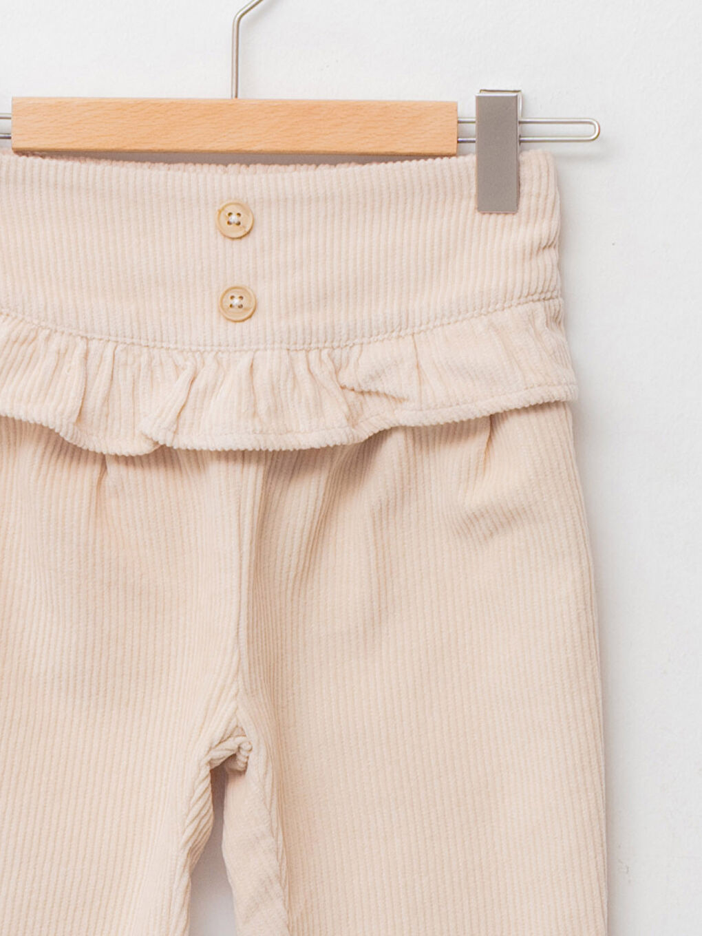 Bej Beli Lastikli Kadife Kız Bebek Pantolon-5