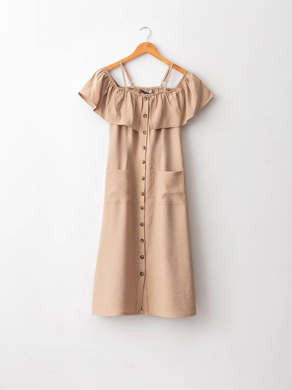 Bej Kare Yaka Düz Kısa Kollu A Kesim Kadın Elbise-5