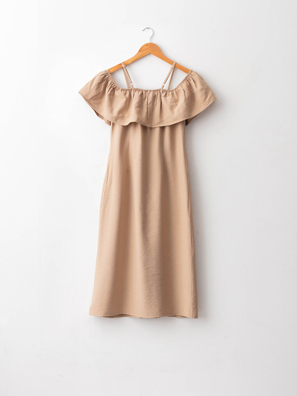 Bej Kare Yaka Düz Kısa Kollu A Kesim Kadın Elbise-6