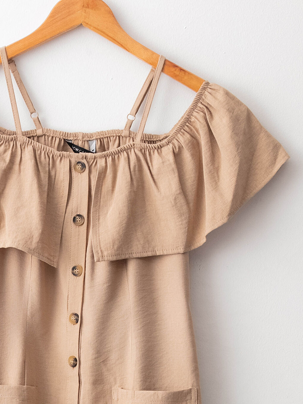 Bej Kare Yaka Düz Kısa Kollu A Kesim Kadın Elbise-7