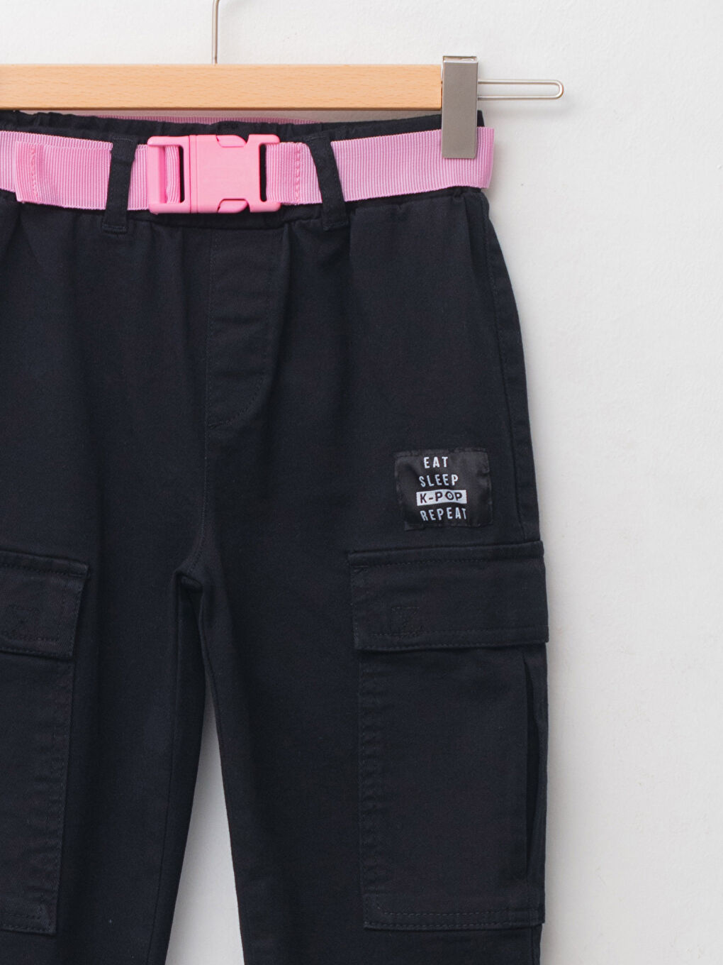 Siyah Beli Lastikli Basic Gabardin Kız Çocuk Kargo Pantolon ve Kemer-2
