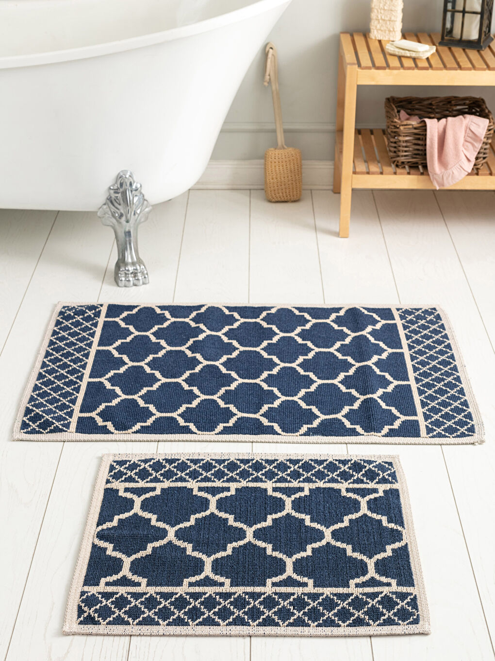 Lacivert Desenli Pamuklu Banyo Paspası 2'li