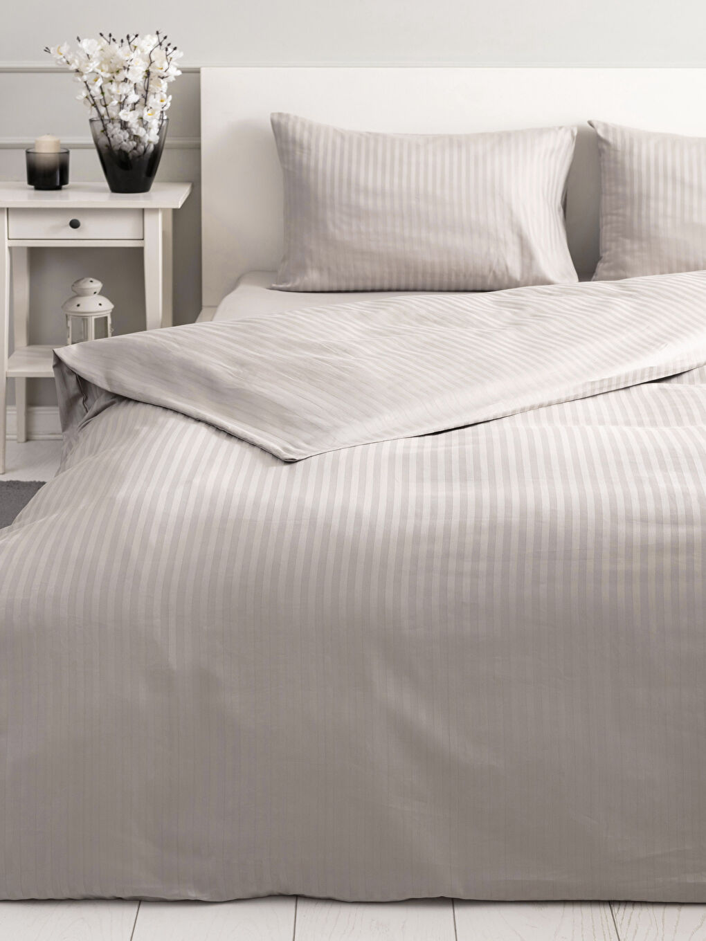 Parure de couette double complète en satin de coton rayé oversized