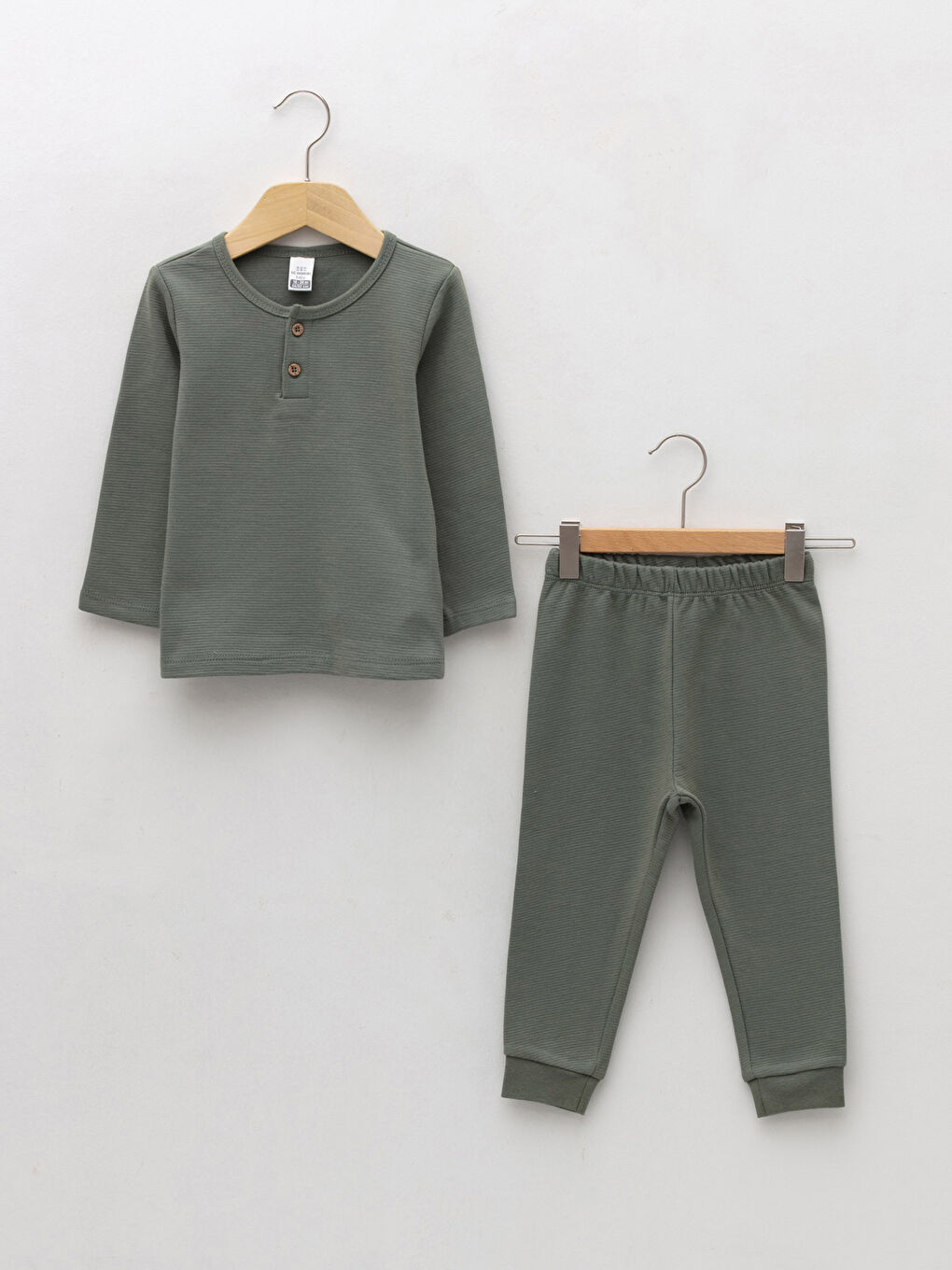 Haki Bisiklet Yaka Uzun Kol Basic Erkek Bebek Pijama Takımı