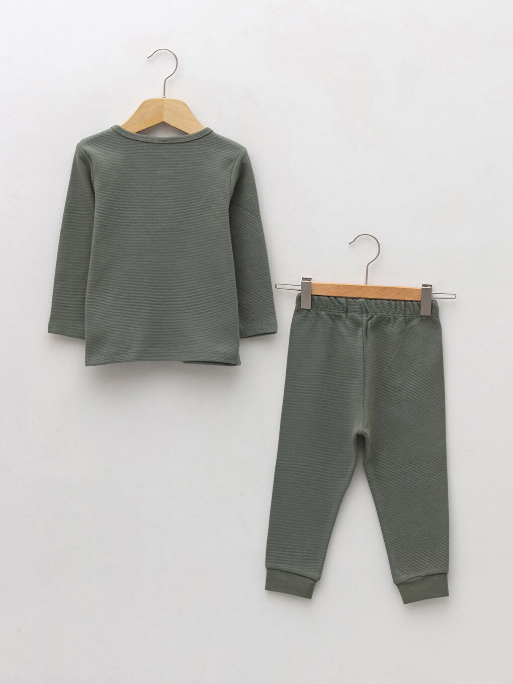 Haki Bisiklet Yaka Uzun Kol Basic Erkek Bebek Pijama Takımı-1