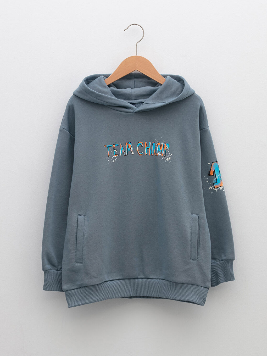 Mavi Kapüşonlu Baskılı Uzun Kollu Erkek Çocuk Sweatshirt