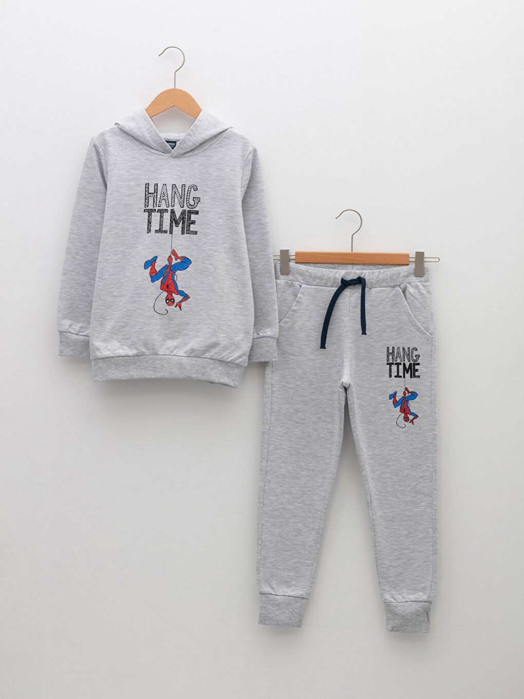 Gri Kapüşonlu Spider-Man Baskılı Uzun Kollu Erkek Çocuk Sweatshirt ve Eşofman Altı