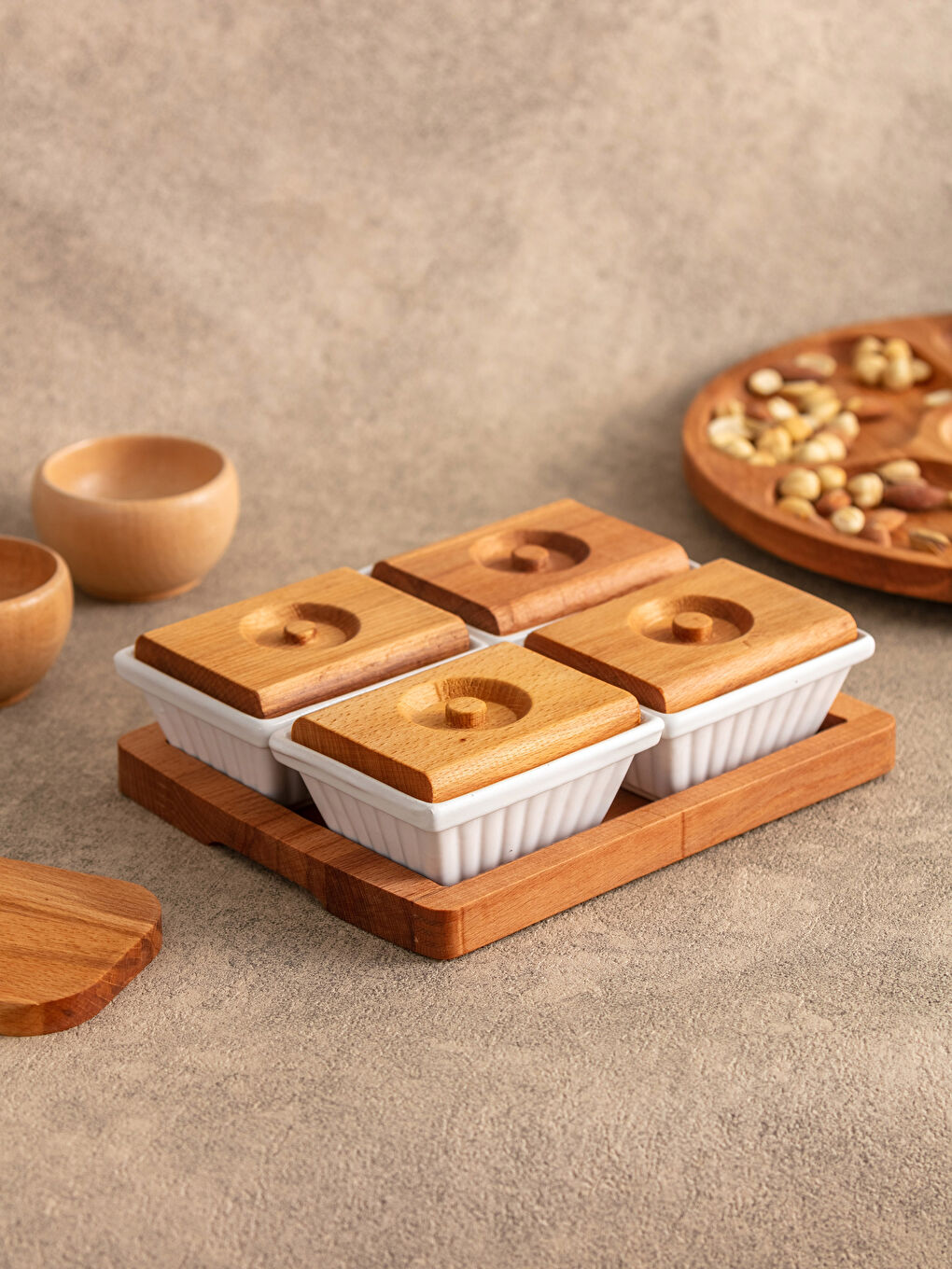 LCW HOME Wooden Lid Porcelain Breakfast Bowl 4 Pcs 7x4 Cm -W1KH33Z8-F9C