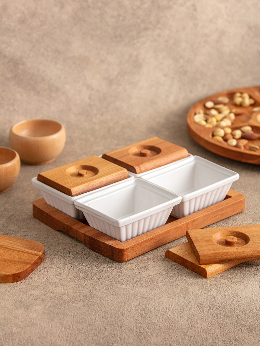 LCW HOME Wooden Lid Porcelain Breakfast Bowl 4 Pcs 7x4 Cm -W1KH33Z8-F9C