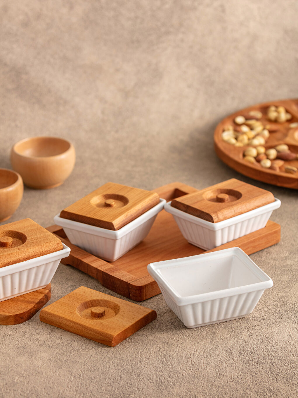 LCW HOME Wooden Lid Porcelain Breakfast Bowl 4 Pcs 7x4 Cm -W1KH33Z8-F9C