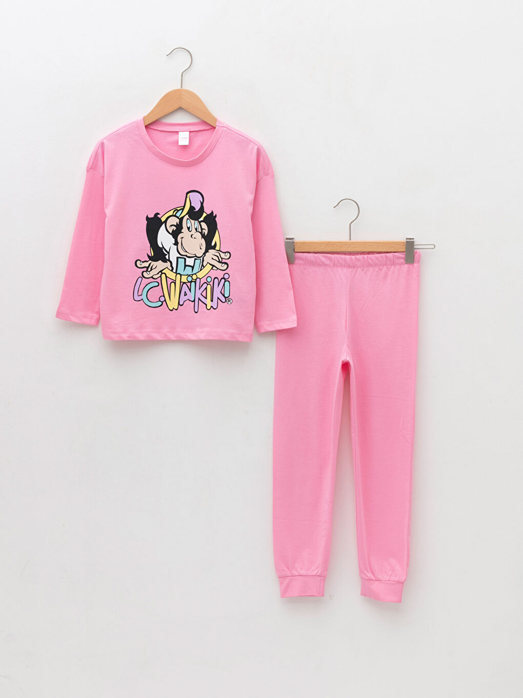 Crew Neck Nostalgic Monkey Printed Long Sleeve Girls Pajamas Set