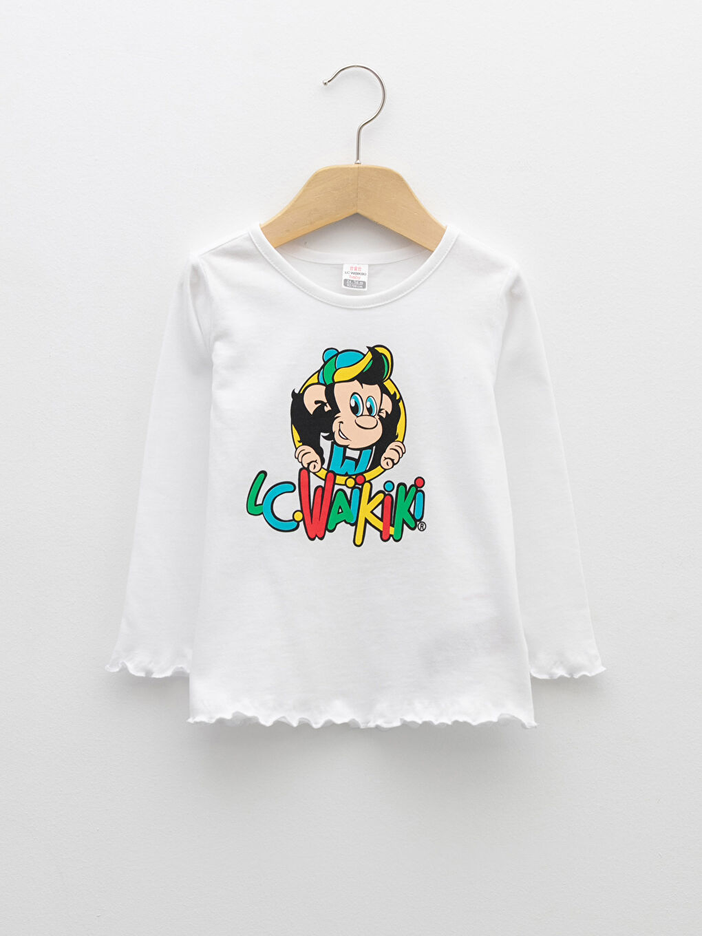 Ekru Bisiklet Yaka Uzun Kollu Nostaljik Maymun Baskılı Kız Bebek Tişört-3