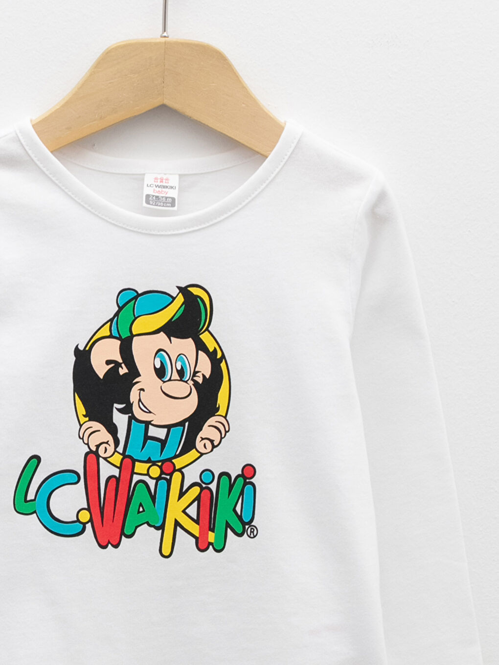 Ekru Bisiklet Yaka Uzun Kollu Nostaljik Maymun Baskılı Kız Bebek Tişört-5