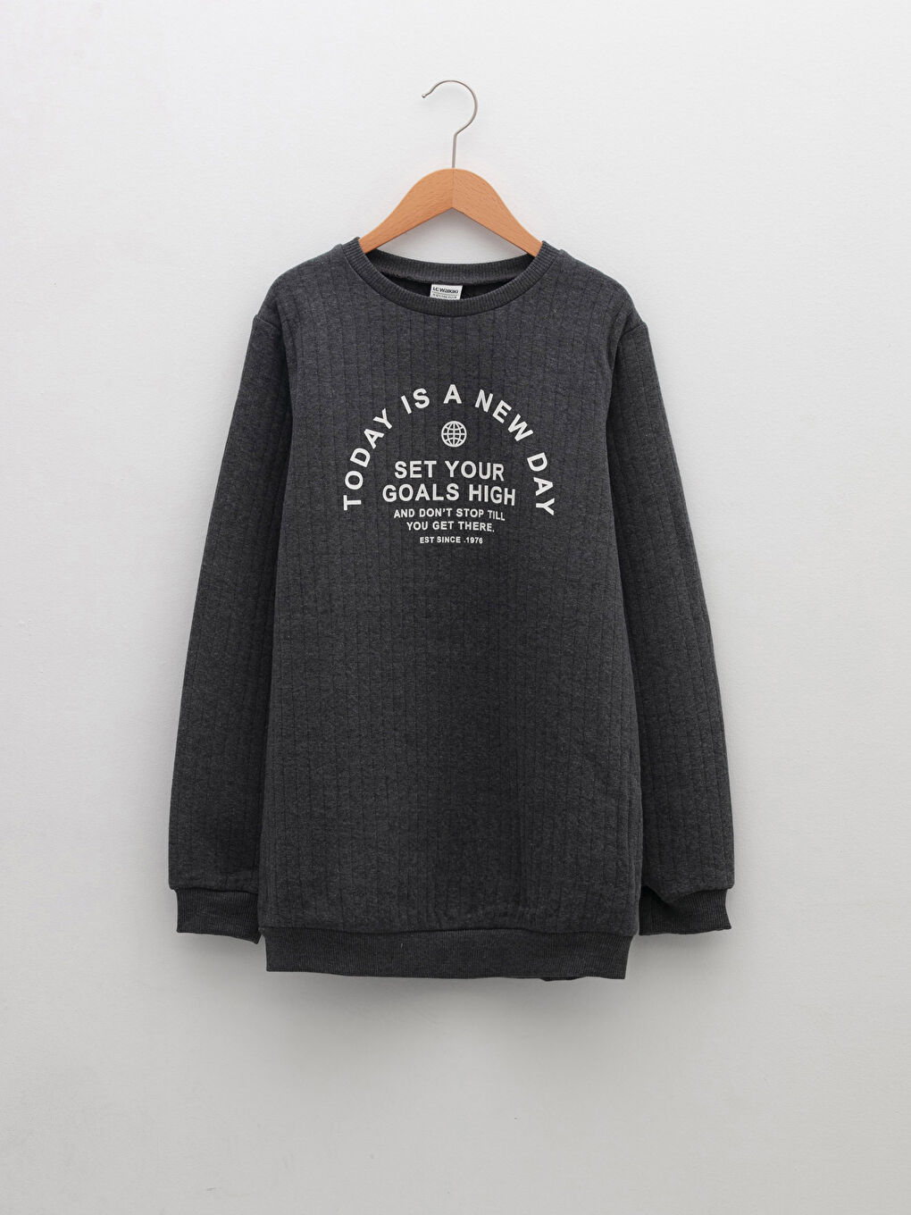 Antrasit Bisiklet Yaka Baskılı Uzun Kollu Erkek Çocuk Sweatshirt